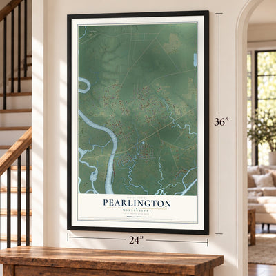 Pearlington, Mississippi map, 24 x 36 inch print in a black frame by a staircase
