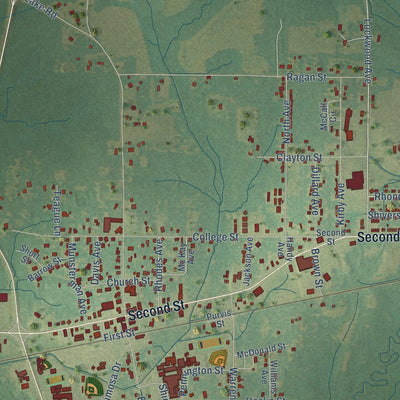 Close-up of the map of Pelahatchie, Mississippi print showing street and building detail