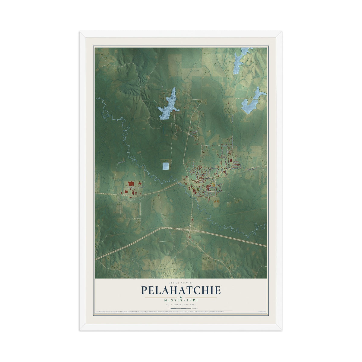 Map of Pelahatchie, Mississippi, 12 x 18 inch print in a white wood frame