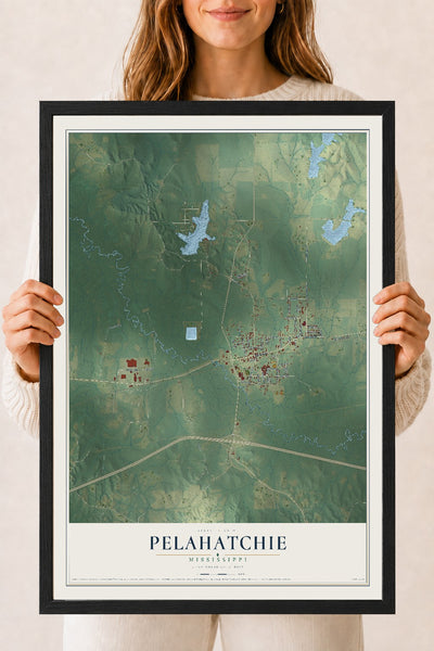 Map of Pelahatchie, Mississippi, 18 x 24 inch print in a black wood frame