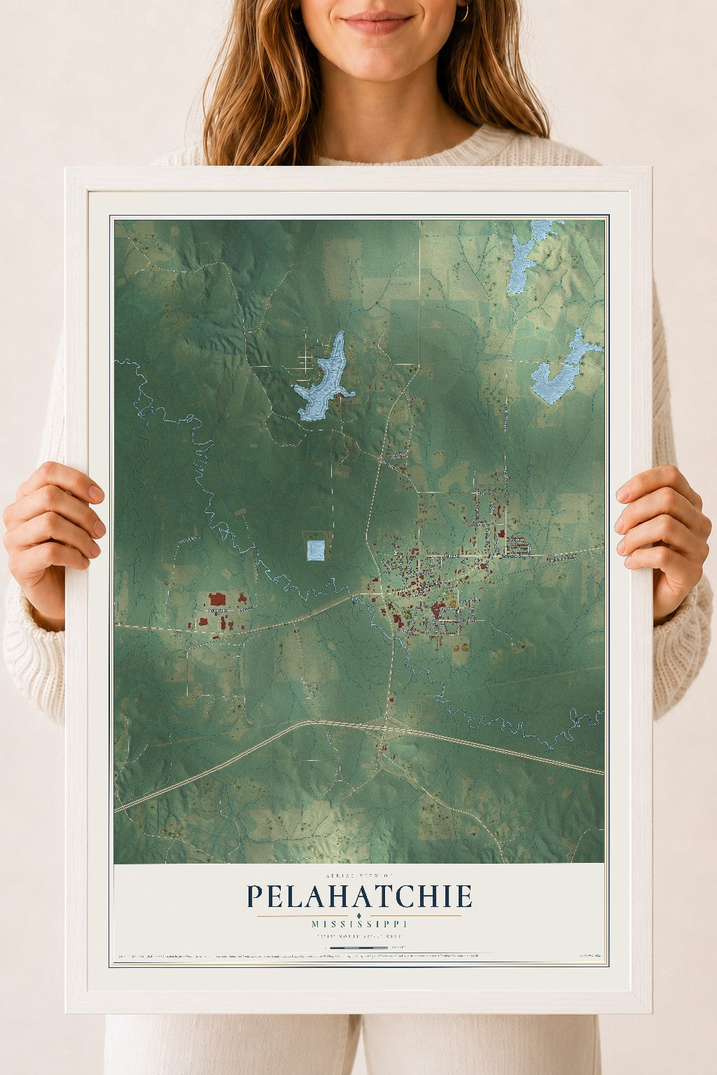 Map of Pelahatchie, Mississippi, 18 x 24 inch print in a white wood frame