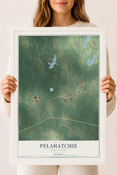 Map of Pelahatchie, Mississippi, 18 x 24 inch print in a white wood frame