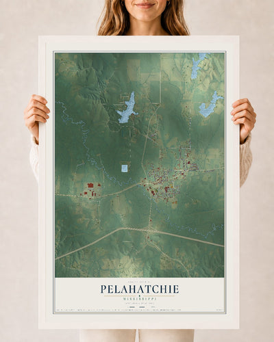 Map of Pelahatchie, Mississippi, 24 x 36 inch print in a white wood frame