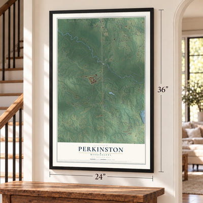 Perkinston, Mississippi map, 24 x 36 inch print in a black frame by a staircase