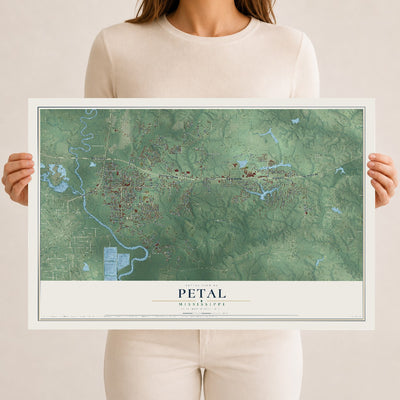 Map of Petal, Mississippi, 12 x 18 inch unframed archival matte print