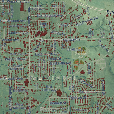 Close-up of the map of Petal, Mississippi print showing street and building detail