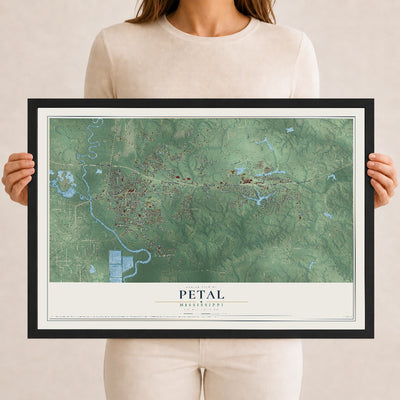 Map of Petal, Mississippi, 12 x 18 inch print in a black wood frame
