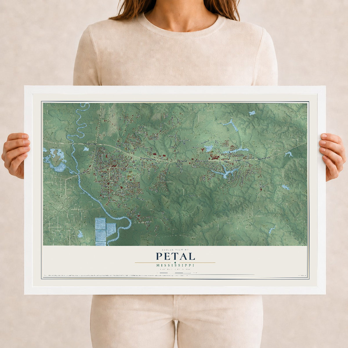 Map of Petal, Mississippi, 12 x 18 inch print in a white wood frame