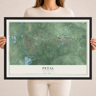Map of Petal, Mississippi, 18 x 24 inch print in a black wood frame