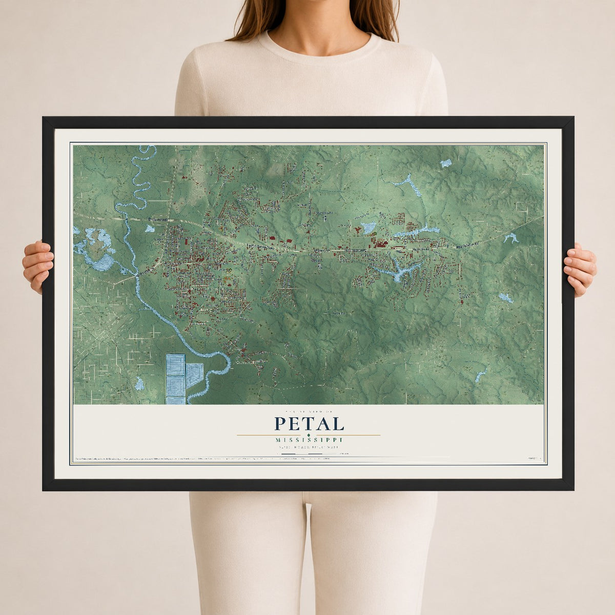 Map of Petal, Mississippi, 24 x 36 inch print in a black wood frame