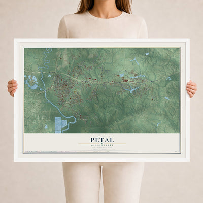 Map of Petal, Mississippi, 24 x 36 inch print in a white wood frame