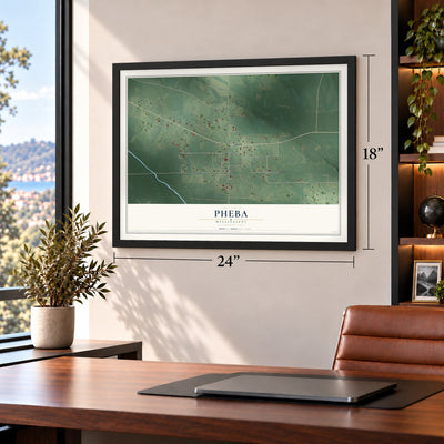 Pheba, Mississippi map, 18 x 24 inch print in a black frame in a home office