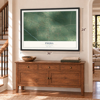 Pheba, Mississippi map, 24 x 36 inch print in a black frame above a dresser by a staircase