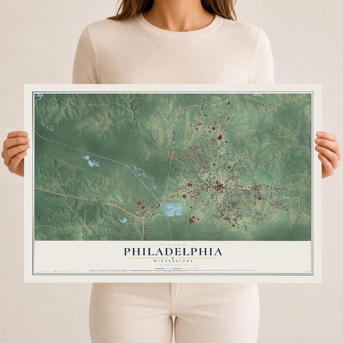 Map of Philadelphia, Mississippi, 12 x 18 inch unframed archival matte print