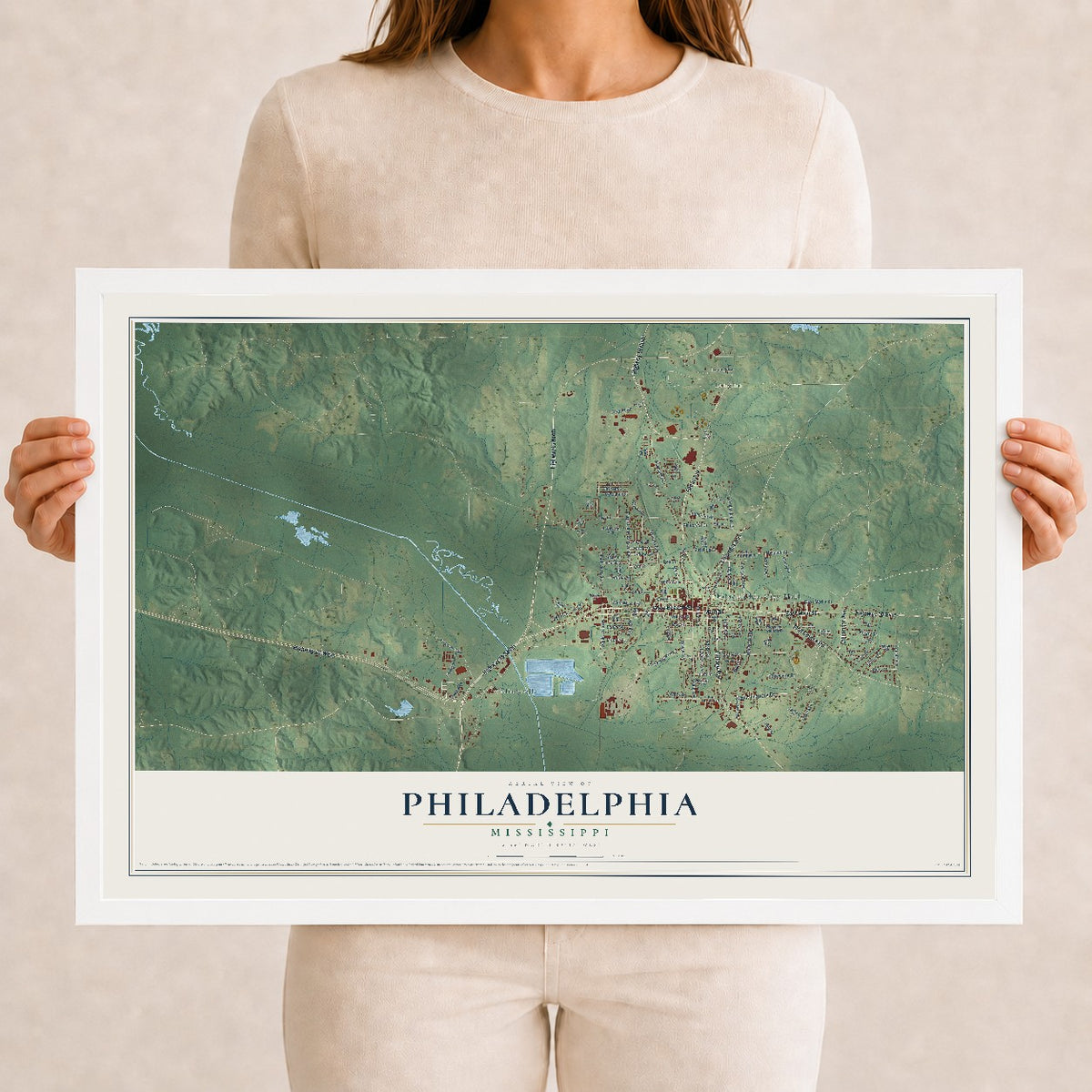 Map of Philadelphia, Mississippi, 12 x 18 inch print in a white wood frame