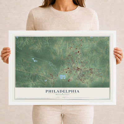 Map of Philadelphia, Mississippi, 12 x 18 inch print in a white wood frame