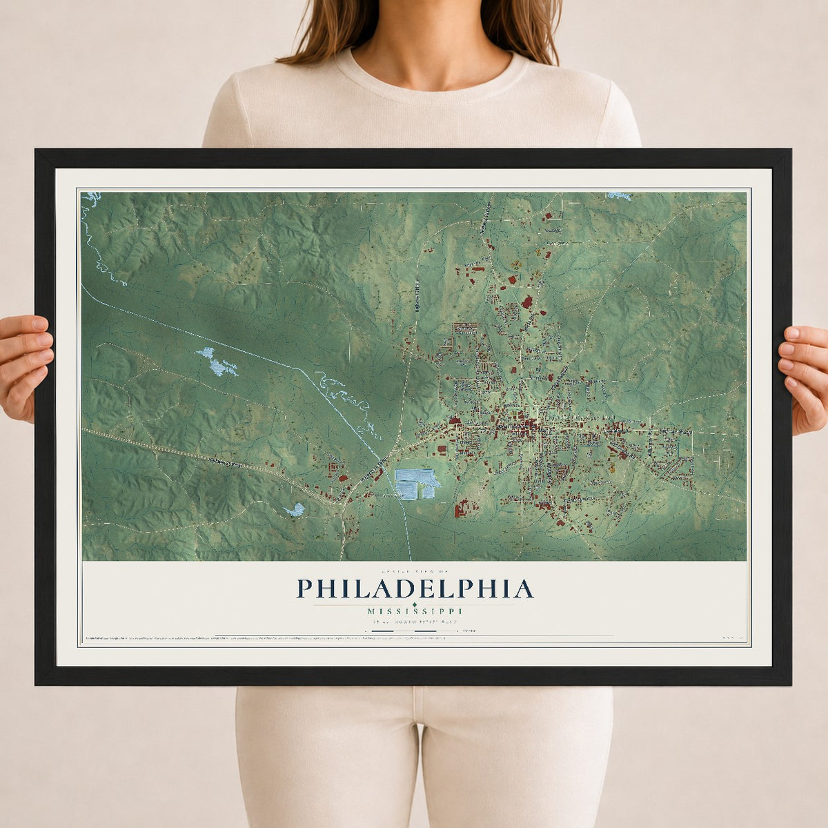 Map of Philadelphia, Mississippi, 18 x 24 inch print in a black wood frame