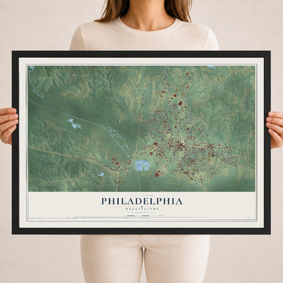 Map of Philadelphia, Mississippi, 18 x 24 inch print in a black wood frame