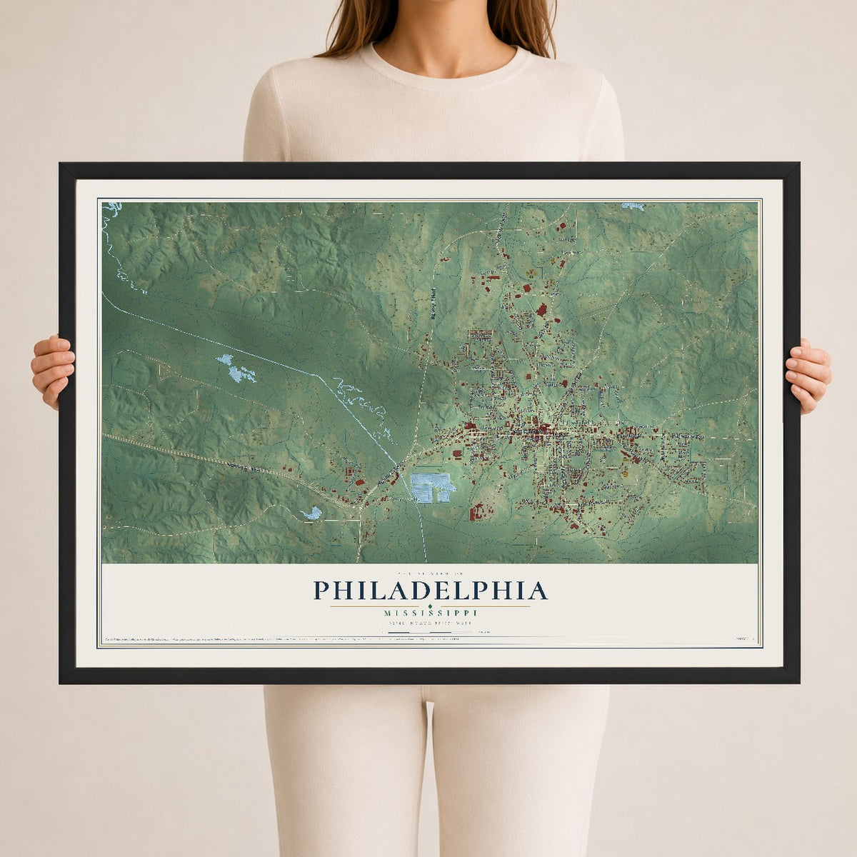 Map of Philadelphia, Mississippi, 24 x 36 inch print in a black wood frame