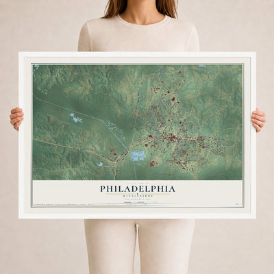 Map of Philadelphia, Mississippi, 24 x 36 inch print in a white wood frame