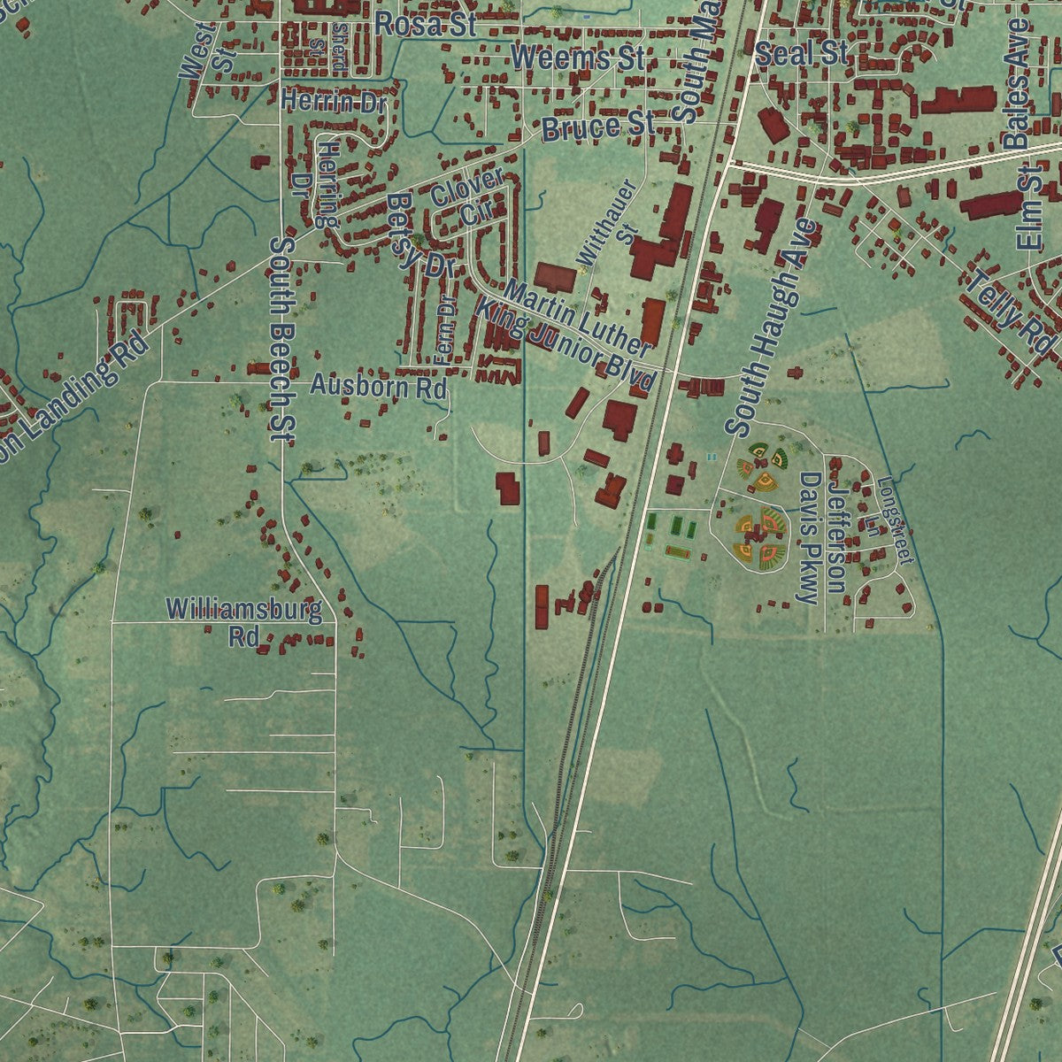 Second close-up of the map of Picayune, Mississippi print showing more streets and buildings