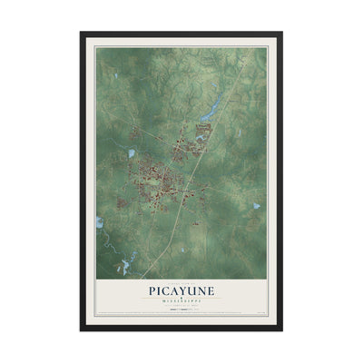 Map of Picayune, Mississippi, 12 x 18 inch print in a black wood frame