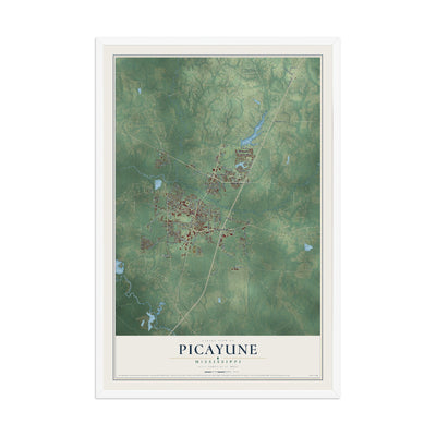 Map of Picayune, Mississippi, 12 x 18 inch print in a white wood frame
