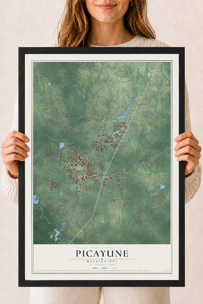 Map of Picayune, Mississippi, 18 x 24 inch print in a black wood frame