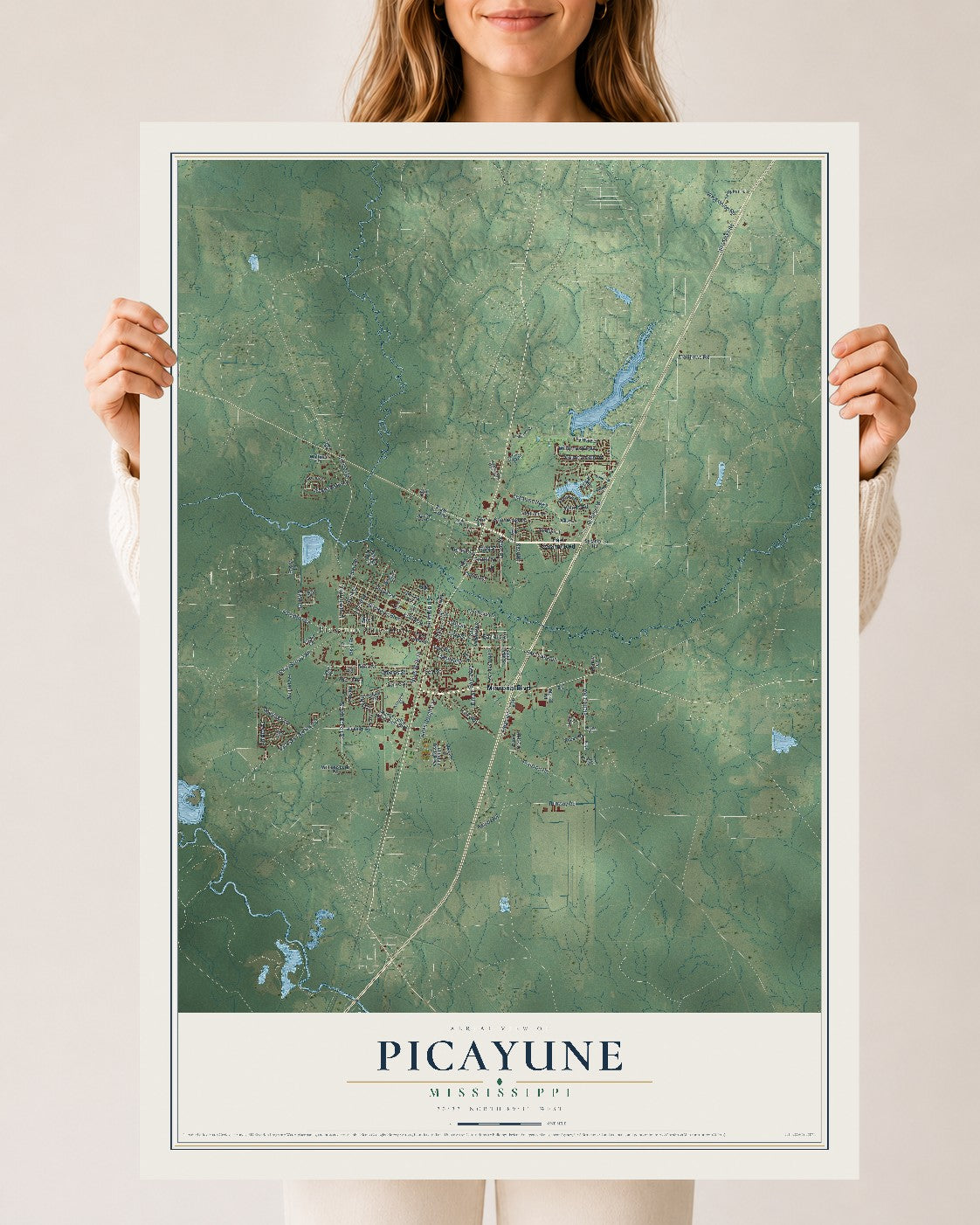 Map of Picayune, Mississippi, 24 x 36 inch unframed archival matte print