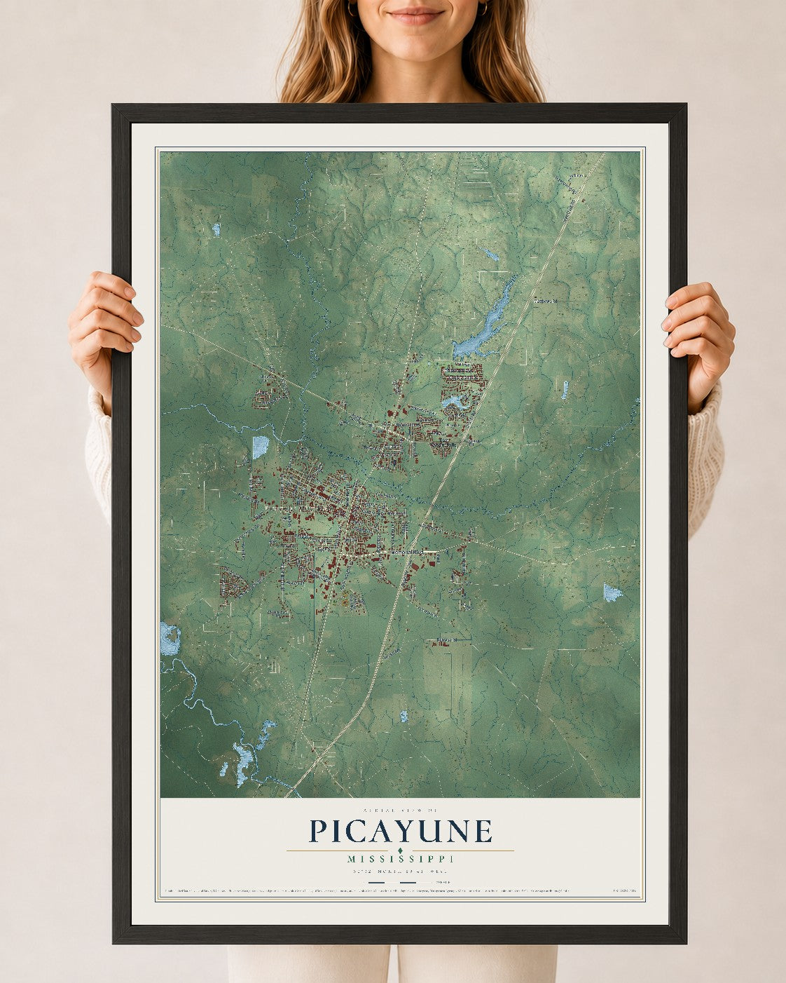 Map of Picayune, Mississippi, 24 x 36 inch print in a black wood frame
