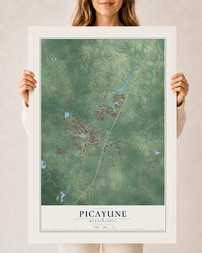Map of Picayune, Mississippi, 24 x 36 inch print in a white wood frame