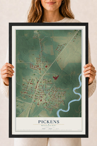 Map of Pickens, Mississippi, 18 x 24 inch print in a black wood frame