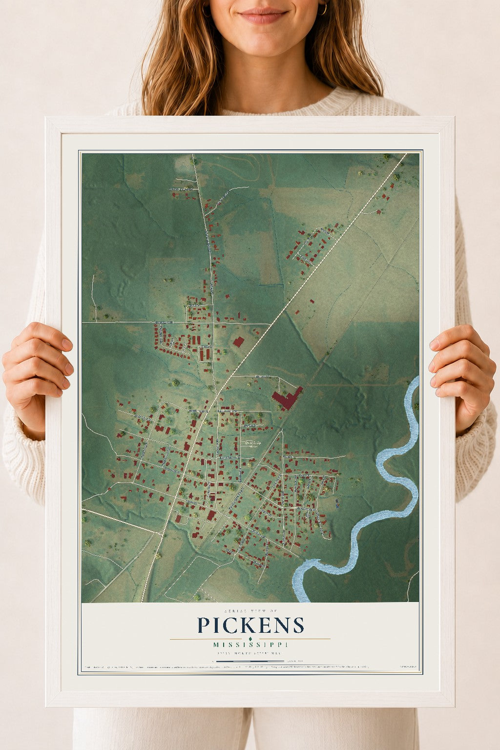 Map of Pickens, Mississippi, 18 x 24 inch print in a white wood frame