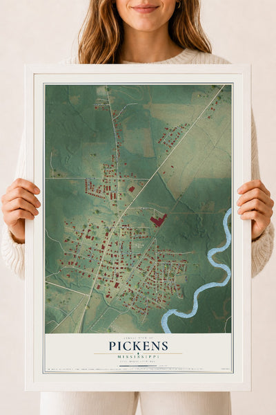 Map of Pickens, Mississippi, 18 x 24 inch print in a white wood frame