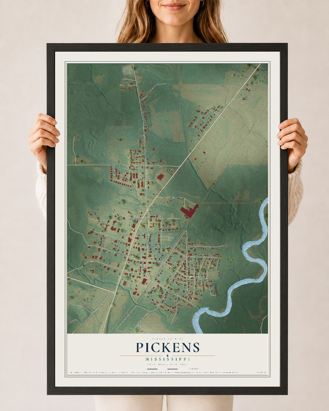 Map of Pickens, Mississippi, 24 x 36 inch print in a black wood frame