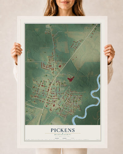 Map of Pickens, Mississippi, 24 x 36 inch print in a white wood frame