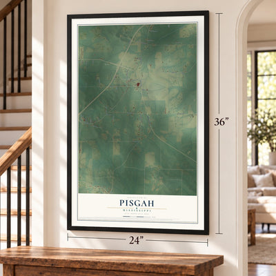 Pisgah, Mississippi map, 24 x 36 inch print in a black frame by a staircase