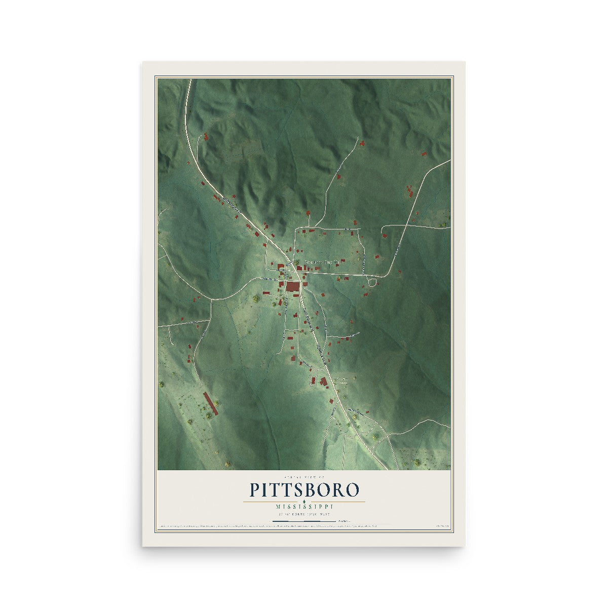 Map of Pittsboro, Mississippi, 12 x 18 inch unframed archival matte print
