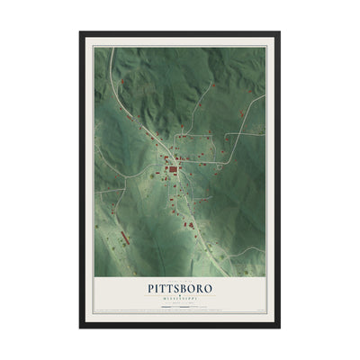Map of Pittsboro, Mississippi, 12 x 18 inch print in a black wood frame