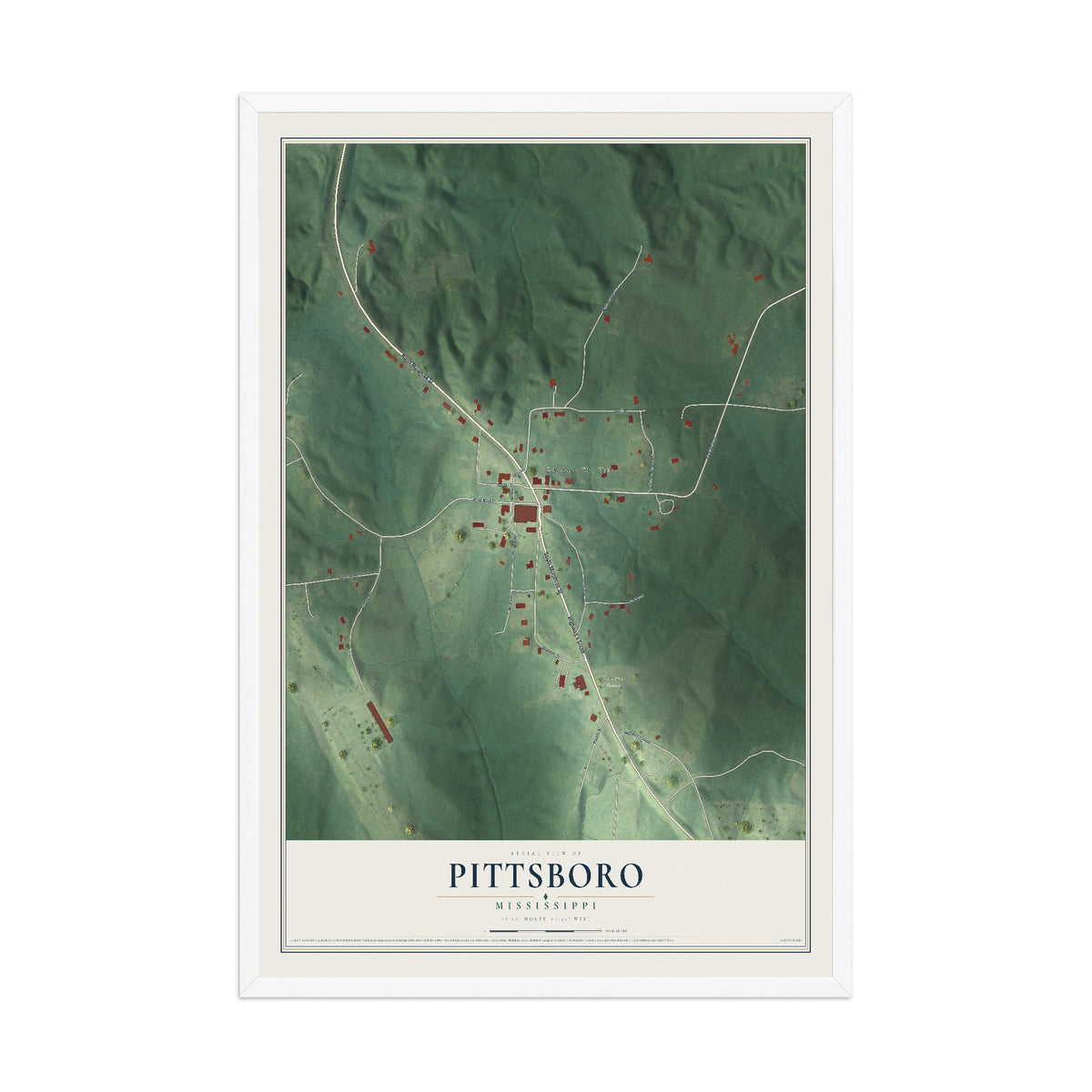 Map of Pittsboro, Mississippi, 12 x 18 inch print in a white wood frame