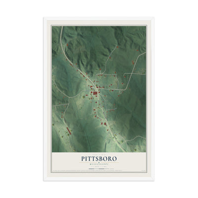 Map of Pittsboro, Mississippi, 12 x 18 inch print in a white wood frame