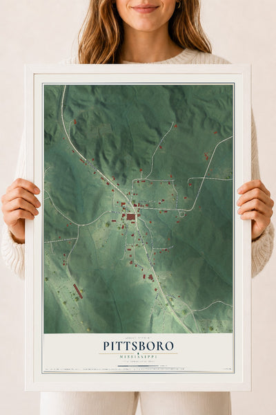 Map of Pittsboro, Mississippi, 18 x 24 inch print in a white wood frame