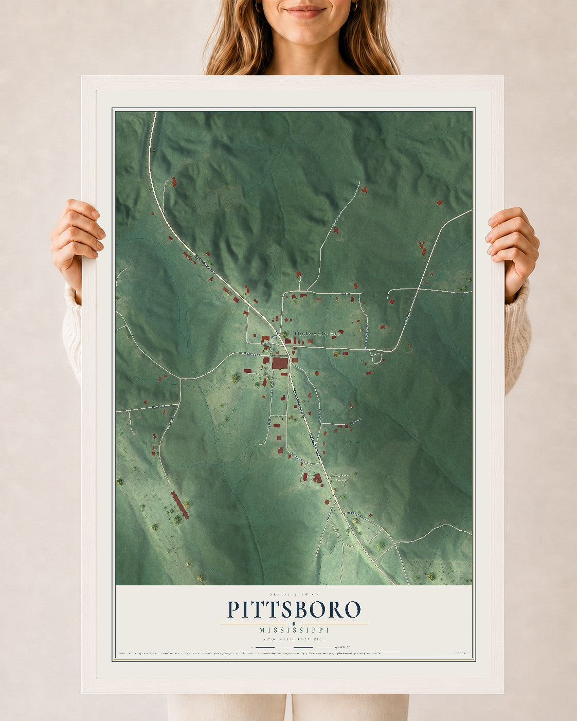 Map of Pittsboro, Mississippi, 24 x 36 inch print in a white wood frame