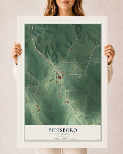 Map of Pittsboro, Mississippi, 24 x 36 inch print in a white wood frame