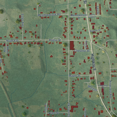Close-up of the map of Plantersville, Mississippi print showing street and building detail