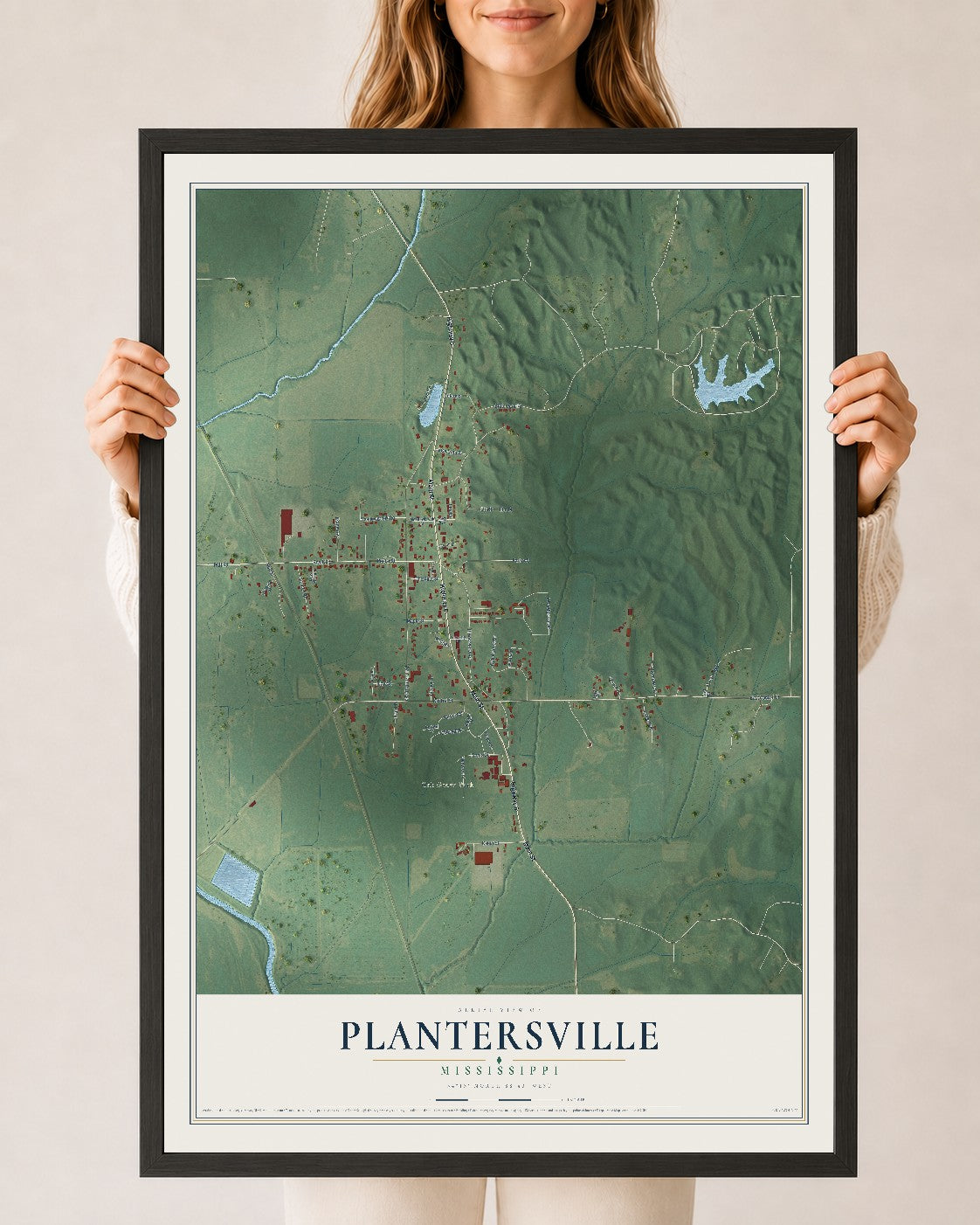 Map of Plantersville, Mississippi, 24 x 36 inch print in a black wood frame