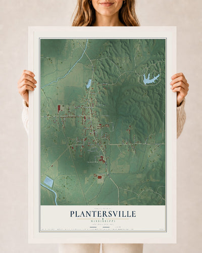 Map of Plantersville, Mississippi, 24 x 36 inch print in a white wood frame