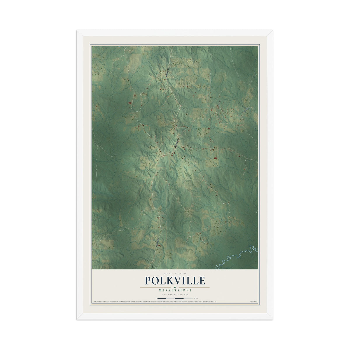 Map of Polkville, Mississippi, 12 x 18 inch print in a white wood frame