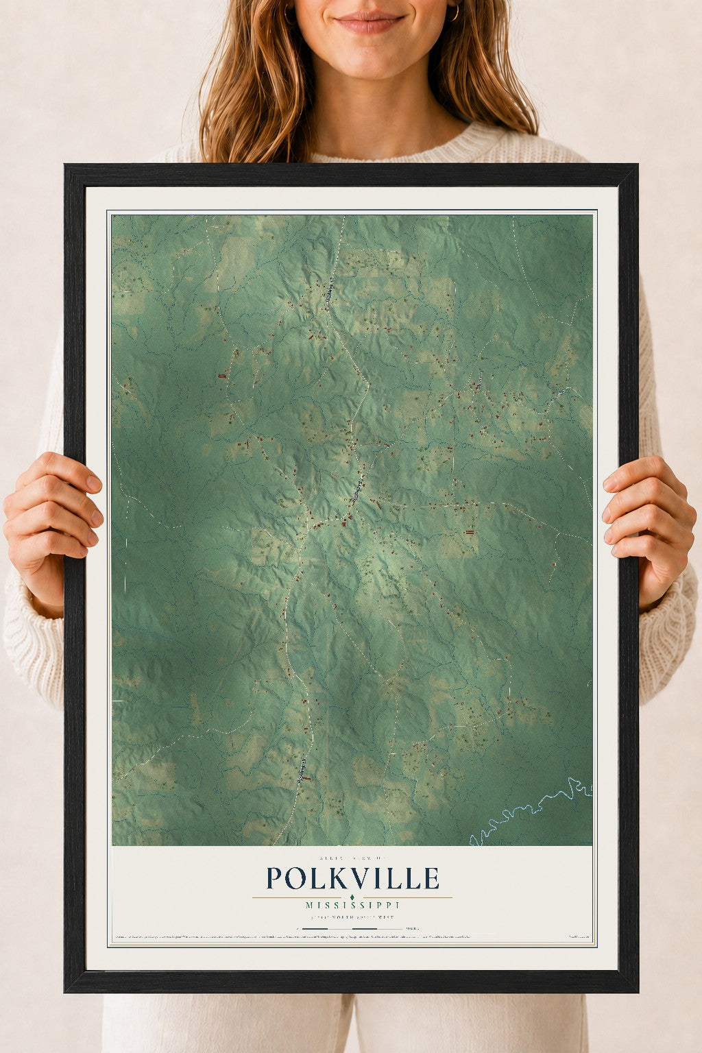 Map of Polkville, Mississippi, 18 x 24 inch print in a black wood frame