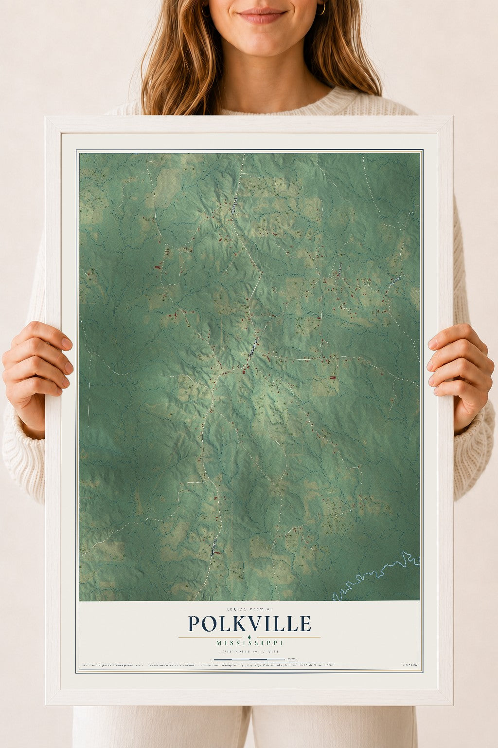 Map of Polkville, Mississippi, 18 x 24 inch print in a white wood frame